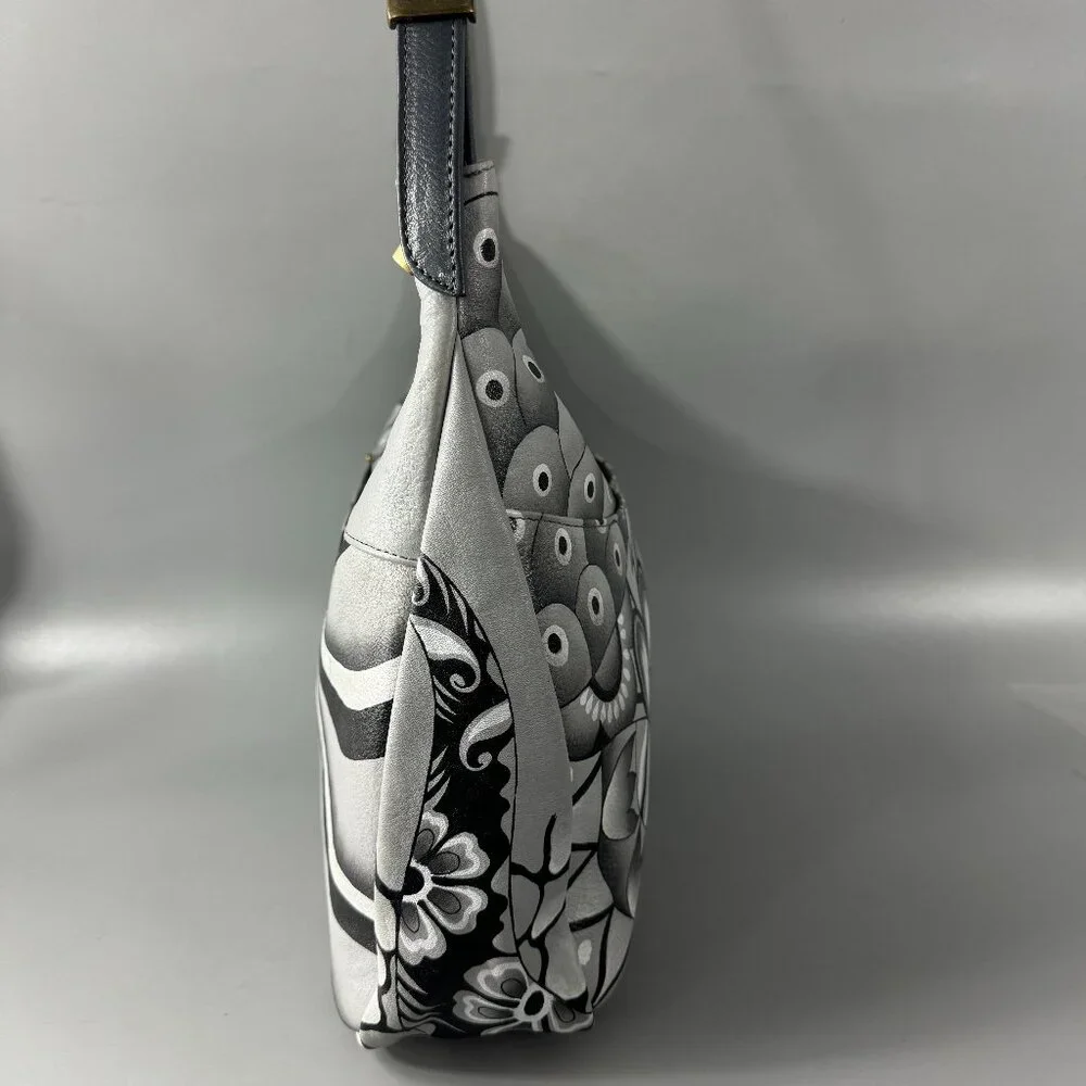 Anna by Anuschka Black/White Floral Leather Hobo Shoulder Bag - Picture 8 of 15